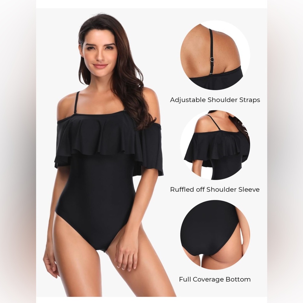 Tempt Me Women's One Piece Swimsuit Vintage Off Shoulder Ruffled swimsuit Large
